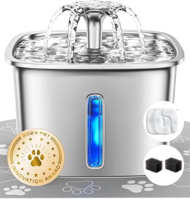 Veken Innovation Award Winner Stainless Steel Cat Water Fountain, 95oz/2.8L Automatic Pet Fountain Dog Water Dispenser with Replacement Filters & Silicone Mat for Cats, Dogs, Multiple Pets (Silver) - Image 5