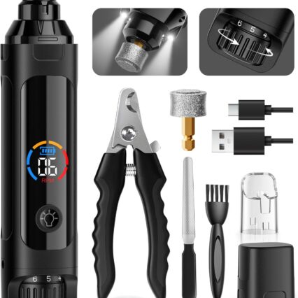 Dog Nail Grinder, 6-Speed Quiet Electric Dog Nail Trimmers, Dog Nail Clippers with File for Small Medium Large Dogs, Cats, Rechargeable Pet Paw Grooming Supplies Kit, 2 Grinding Wheels (Black)